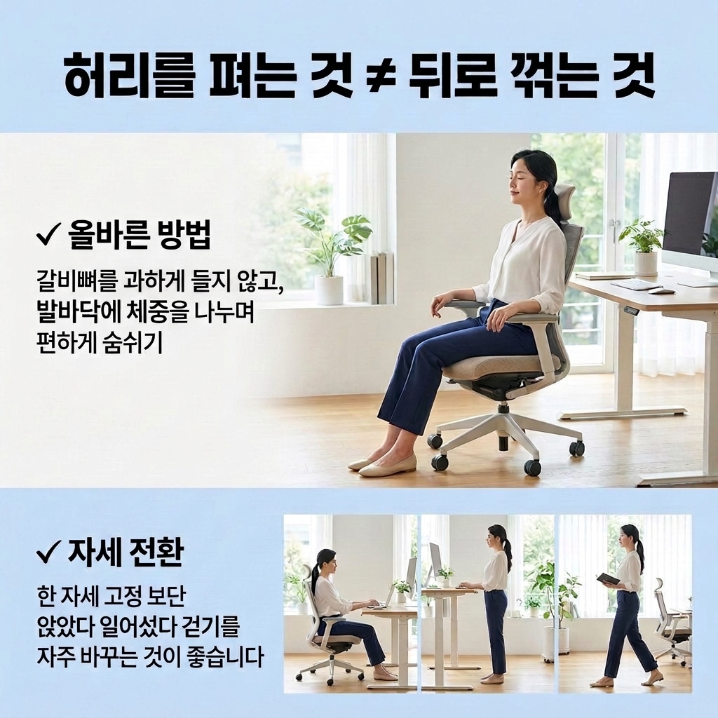허리 양쪽 근육이 긴장되는 부위를 손으로 짚은 모습