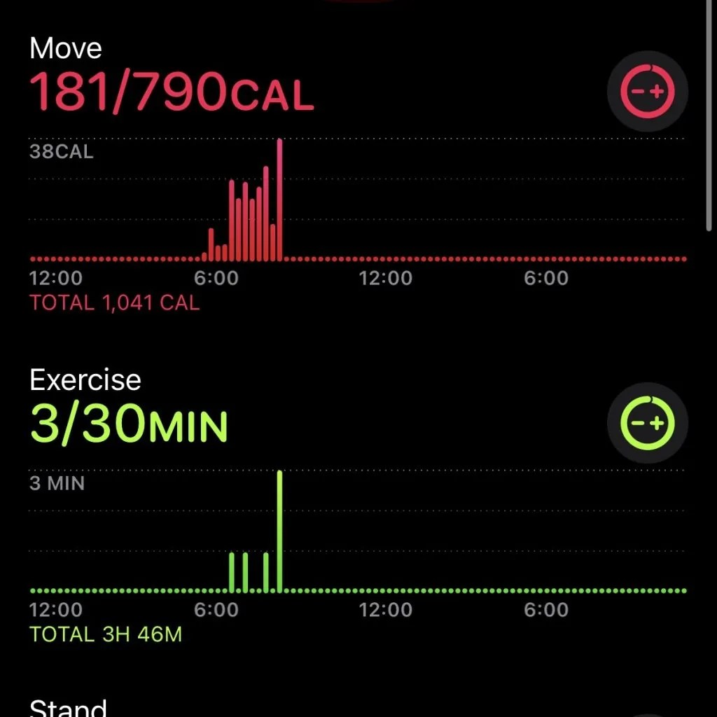 The Move and Exercise section of activities on iPhone at 8:52 