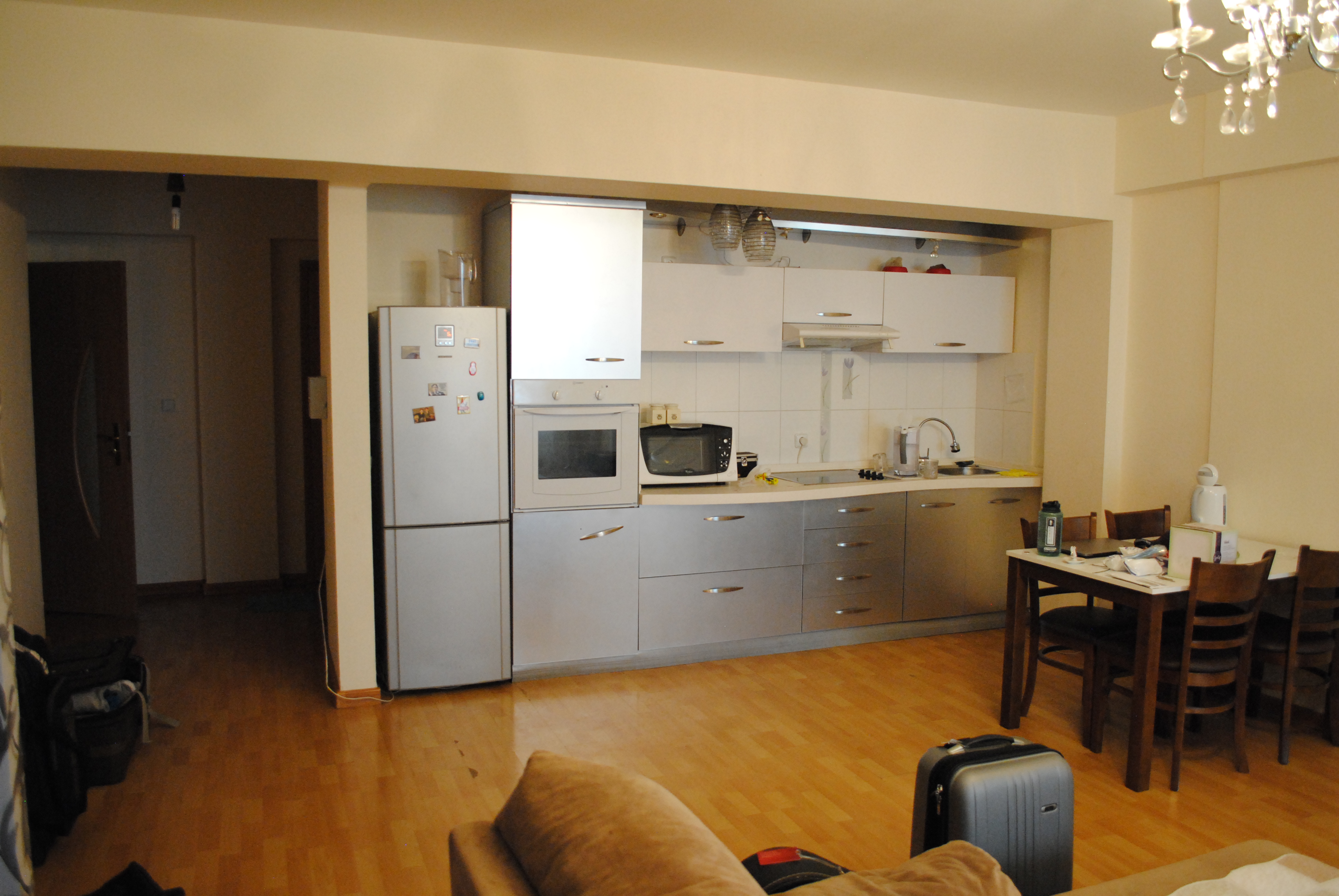 Our kitchen has a fridge/freezer, a microwave, and even an oven!
