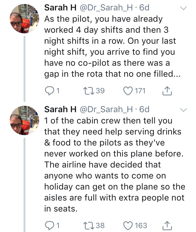 Continuation of Sarah H's Twitter thread comparing a junior doctor's working conditions with a pilot's