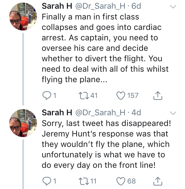 End of Sarah H's Twitter thread, including Jeremy Hunt's response