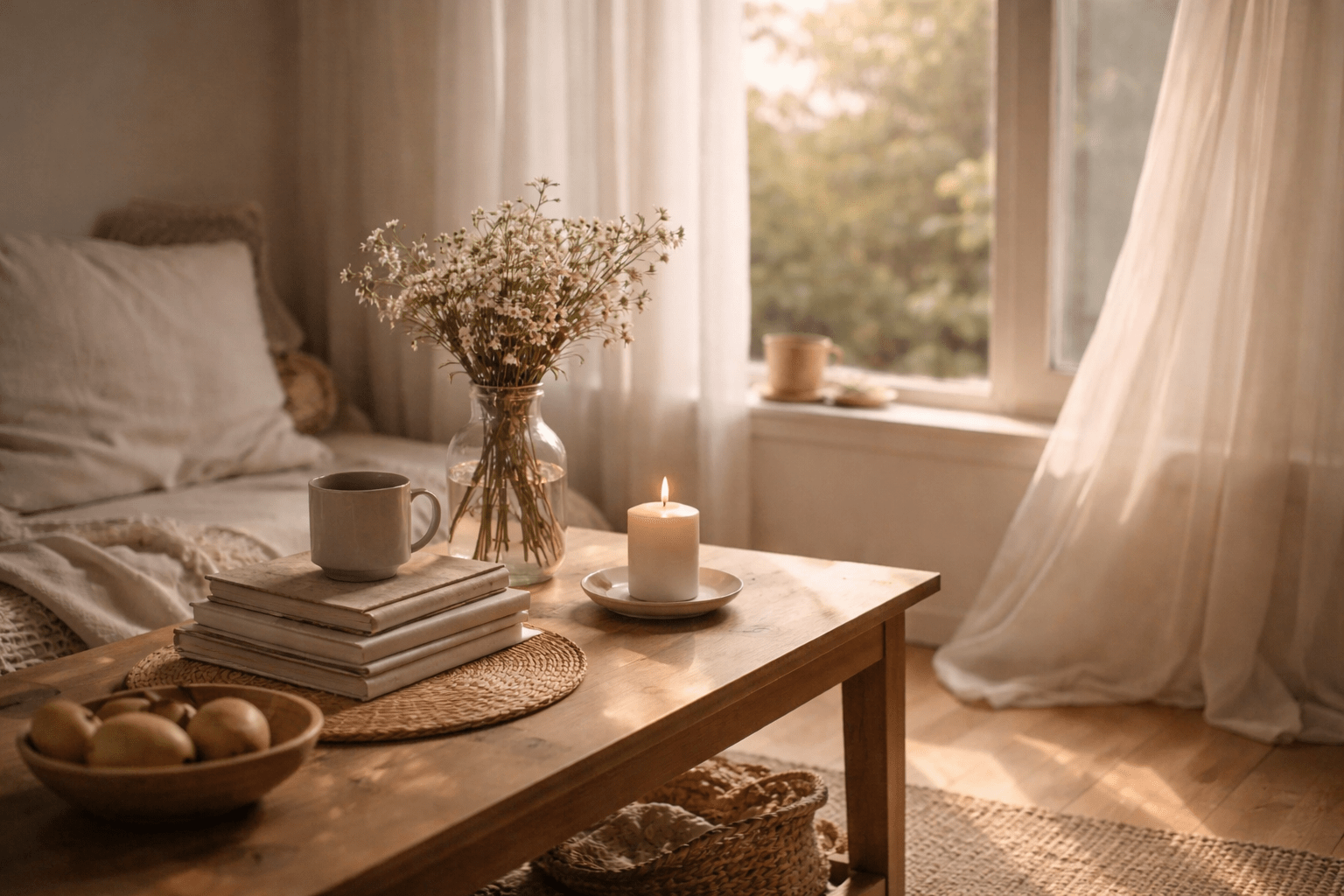 A calm, reflective scene symbolizing decluttering and intentional living, with soft light and a sense of inner clarity.