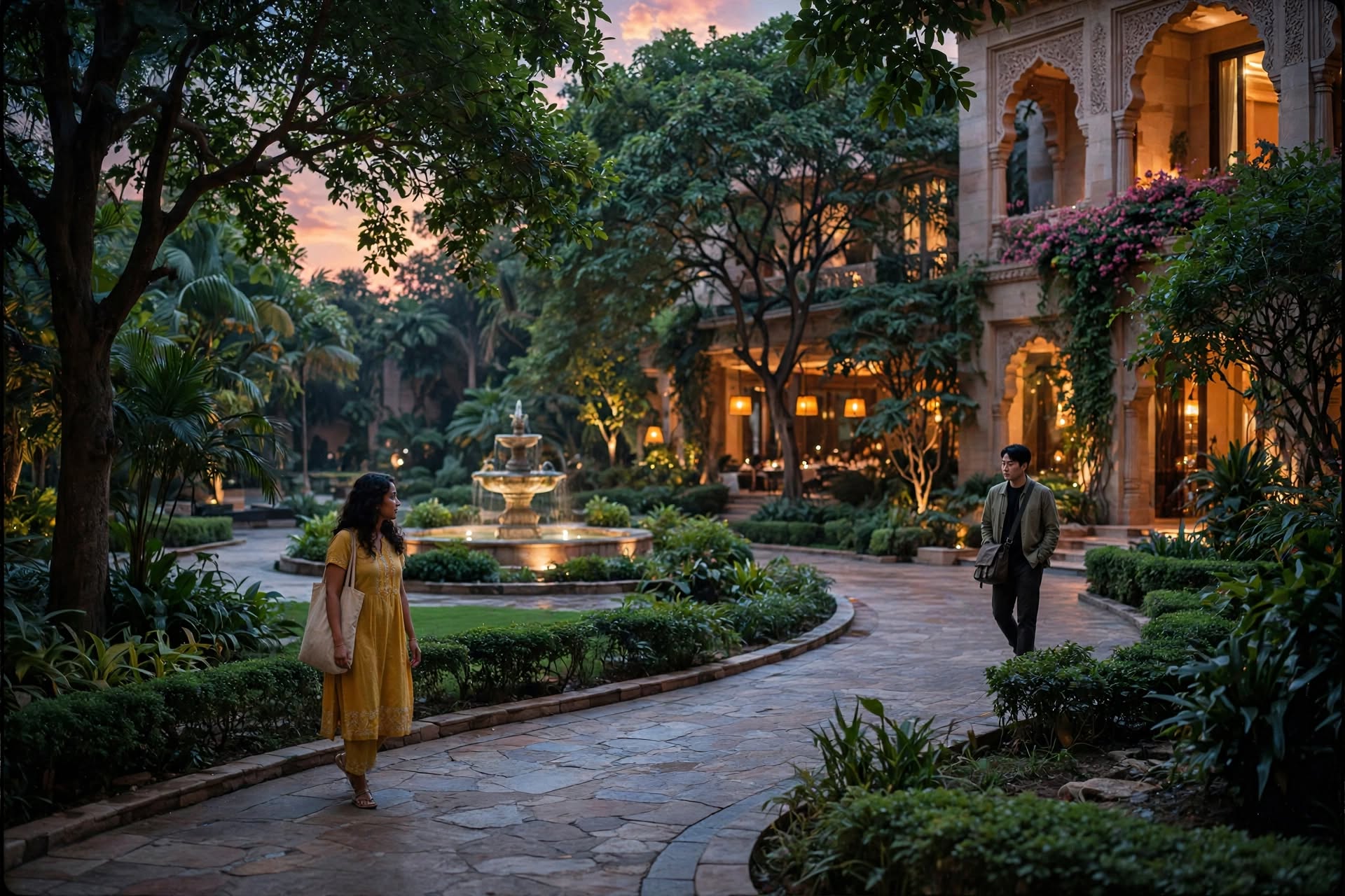 The Solitude Between Us, two strangers walking towards each other on a quiet hotel pathway at night.