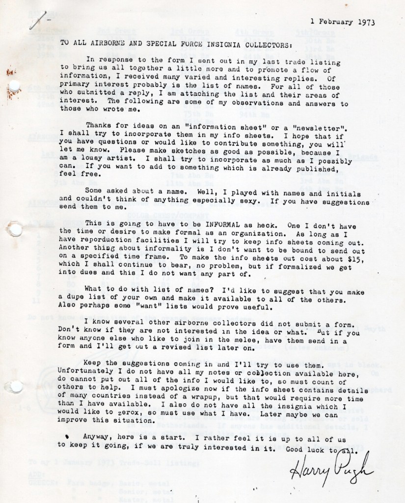 arry Pugh's cover letter from the first issue of the Chute & Dagger newsletter in February 1973. C&D grew out of his montly trade lists after collectors expressed an interest in a regular newsletter. By April, the group had a name and a logo, based on a modified design submitted by the late Mike Shepherd.