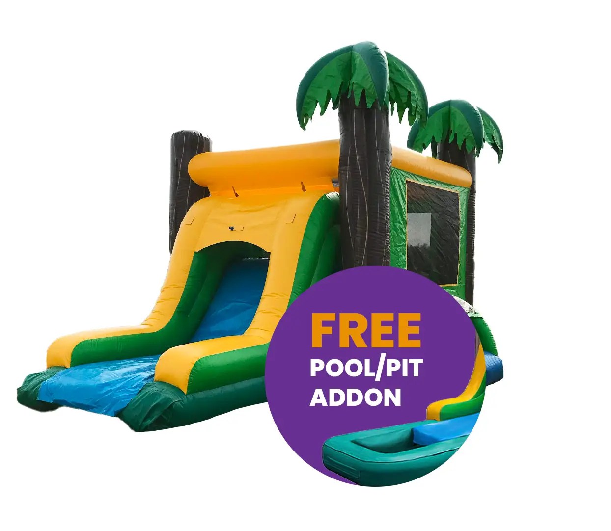 Alt text: Tropical bounce house featuring palm tree columns, yellow walls, and a slide with a free pool/pit addition. Perfect for birthday parties and tropical-themed events, offering endless fun in the sun!