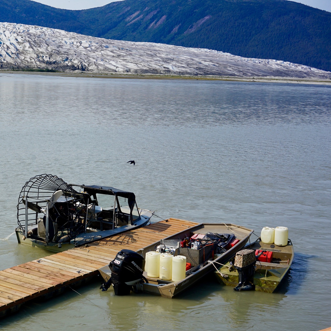 Our airboat and tenders on the Taku