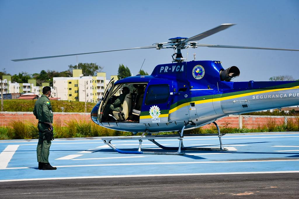 Helicóptero Harpia 3, uma aeronave AS350 doada pela Secretaria Nacional de Segurança. Foto: Júnior Aguiar/Sesacre