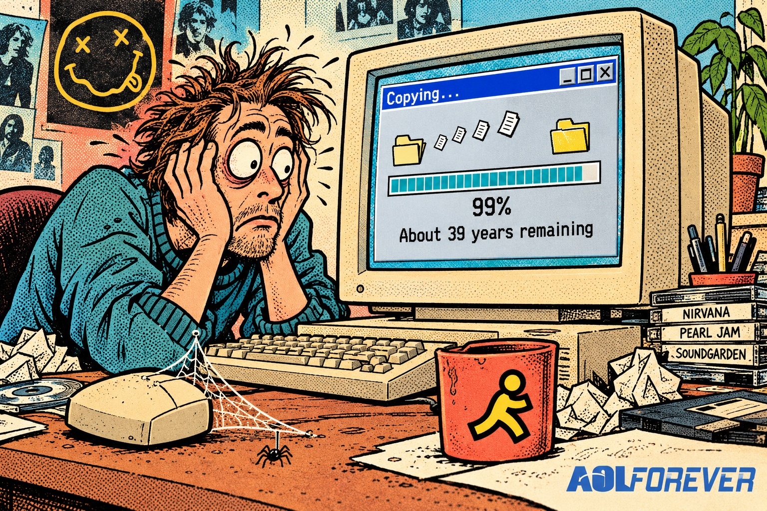Comic illustration of a frustrated computer user watching a file transfer stuck at 99 percent.