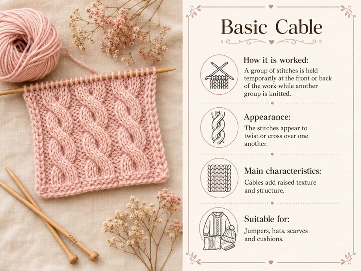 Basic cable knitting guide showing twisted cable stitches, raised texture and suitable knitting projects