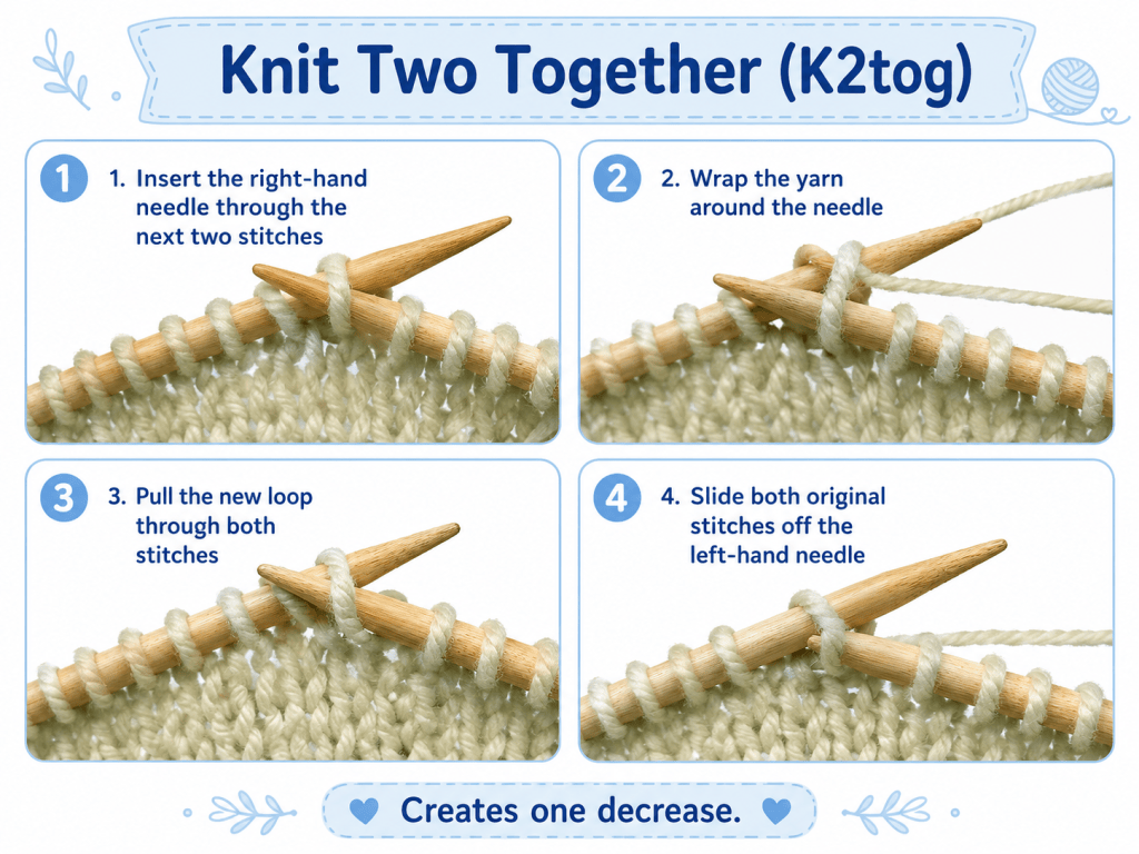 Knit two together K2tog decrease step-by-step guide showing how to reduce two stitches to one