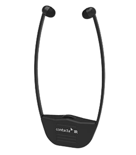 Angled shot of a Black Portable Infrared Underchin Receiver with a "Contacta-IR" Logo displayed in bold white lettering