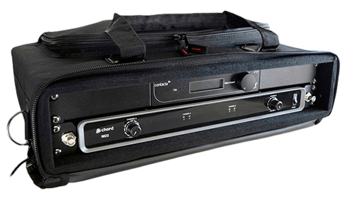 Angled shot of a Black Large Area Portable Loop System encased in a zip-up Carry Case