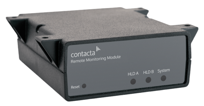 Front-facing shot of a Matte Grey Remote Monitoring Module with a "Contacta" Logo in bold white lettering