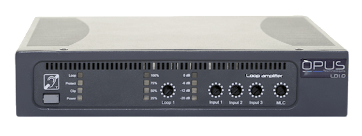 Front-facing shot of a Dark Grey Rackable Loop Amplifier with an "Opus Technologies" Logo displayed on the front panel