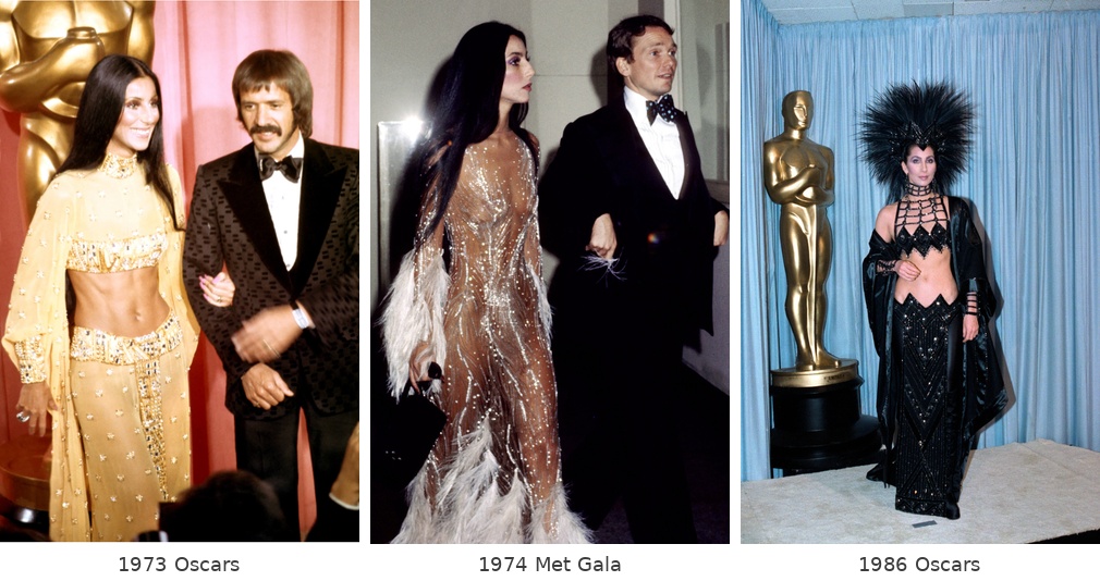 Cher wearing Bob Mackie at the 1973 Academy Awards, 1974 Met Gala and 1986 Academy Awards