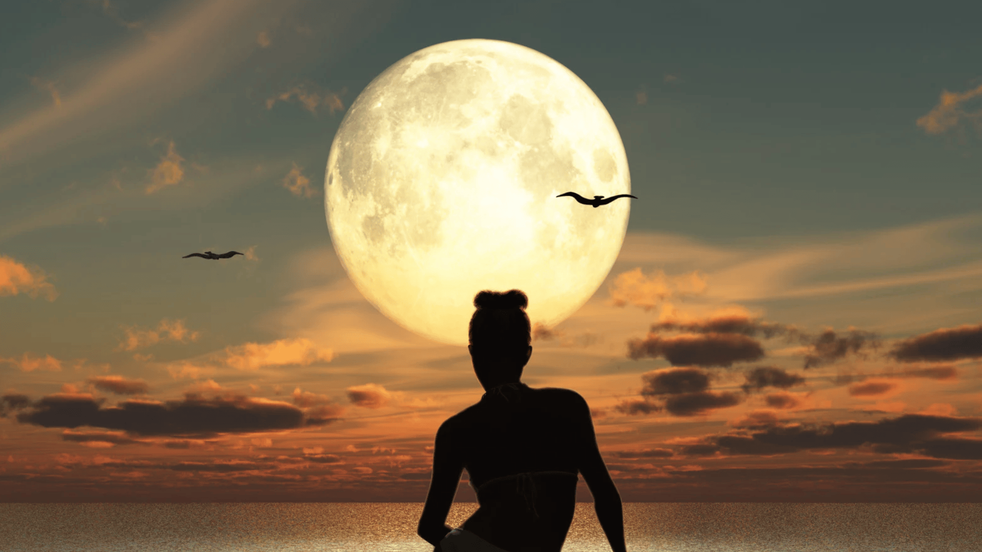 Silhouette of a woman in front of a full moon light