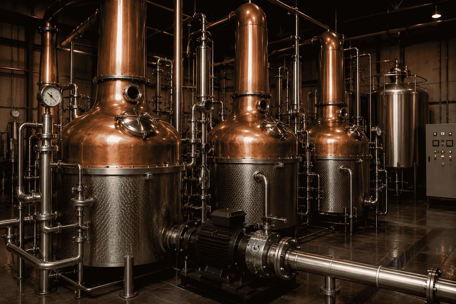 Distillery with copper stills, stainless steel pipework, and pump equipment for commercial pump services.