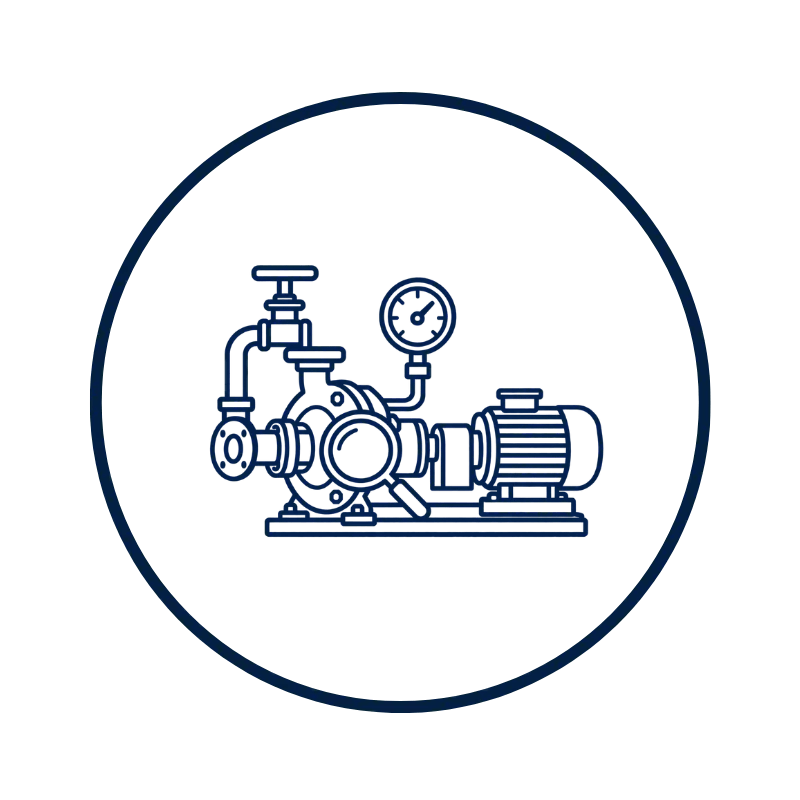 Pump system, valve, and pressure gauge icon representing inspection of an existing system during commercial pump services.