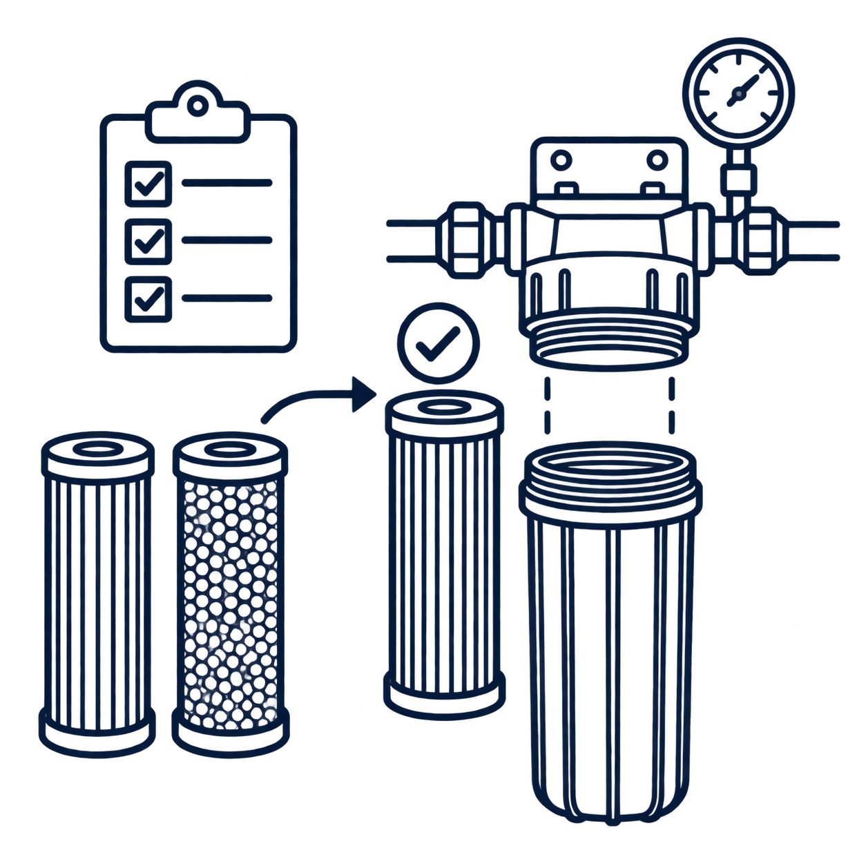 Replacement water filtration cartridges beside an open housing, with a specification checklist and compatibility checkmark.