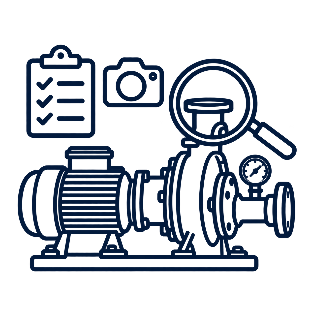 Pump with magnifying glass, camera and checklist, illustrating initial assessment for pump repairs in cape town.