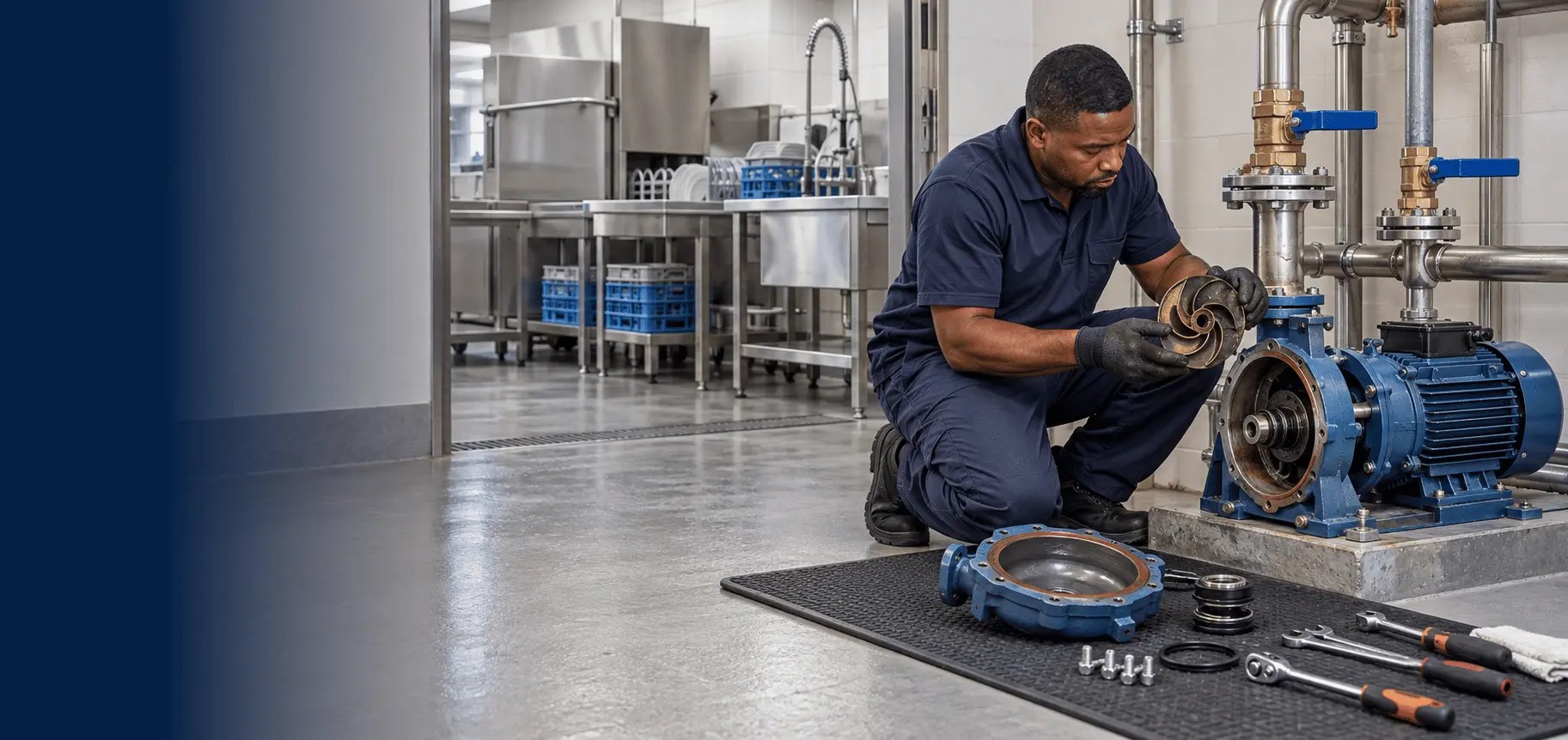 Technician inspecting a centrifugal pump impeller during restaurant pump services, with tools and removed components nearby.