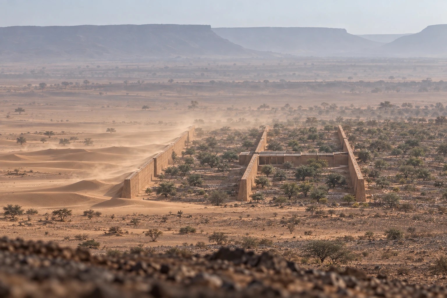 The First Shadow · Great Green Wall: the transect. Tres muros convierten una línea en espesor territorial.