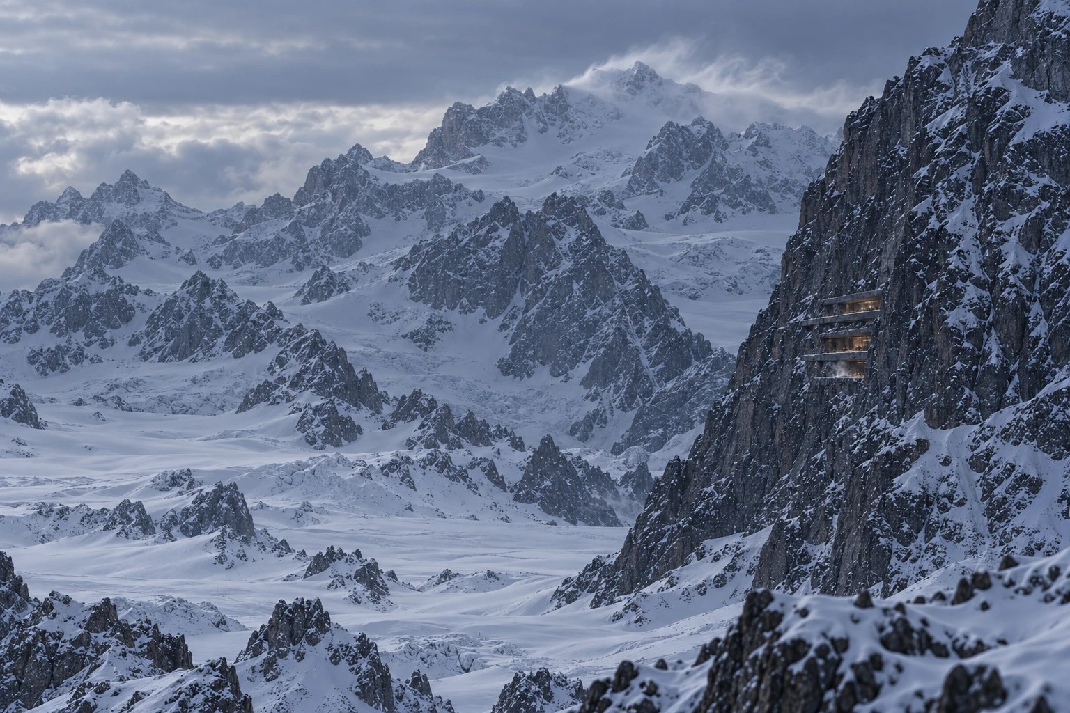 Distant view of Trojena's snowy landscape and the horizontal cuts of The Inhabited Cliff.