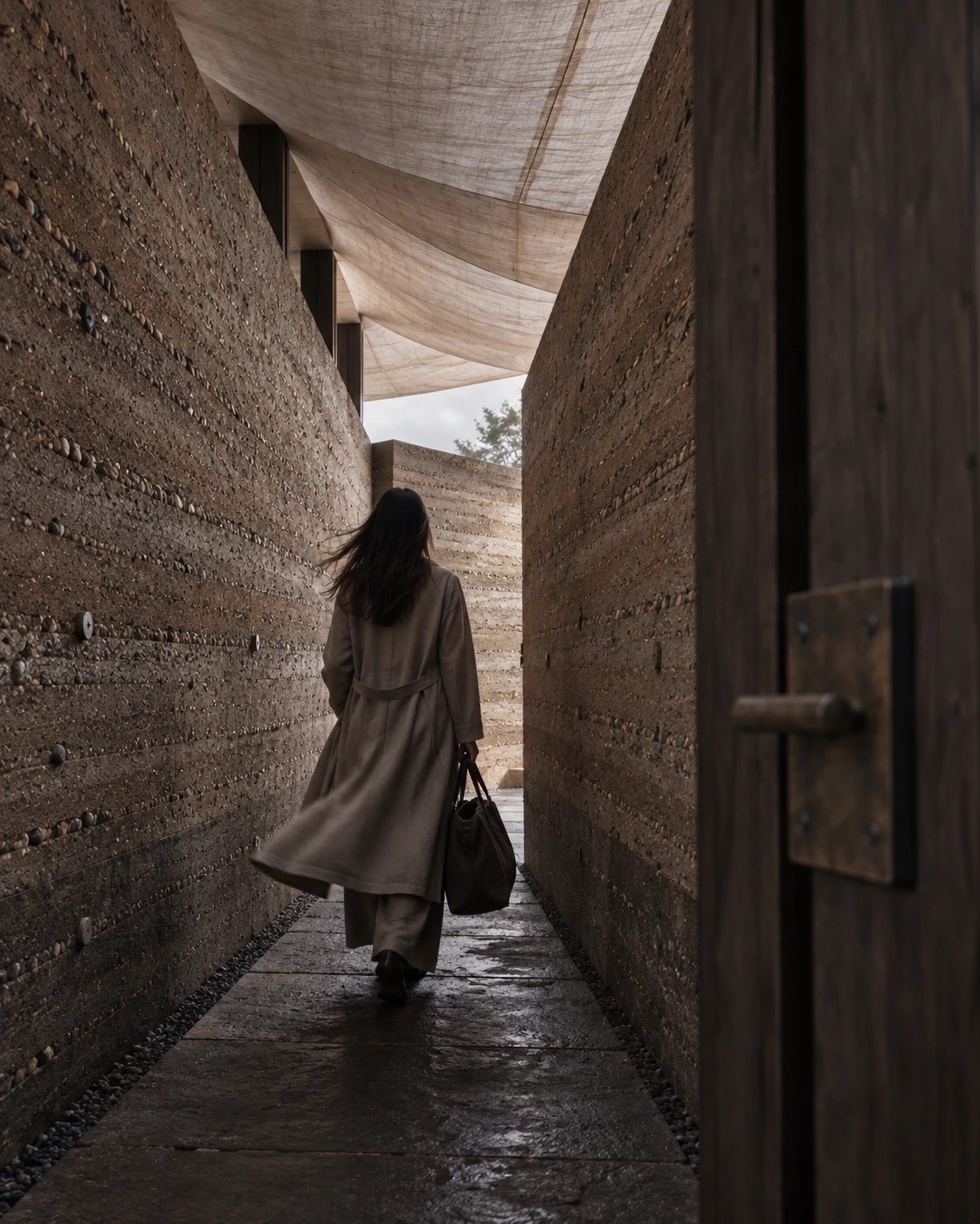The Breathing House · Setouchi: arrival wall. Arrival compresses the landscape before returning it.