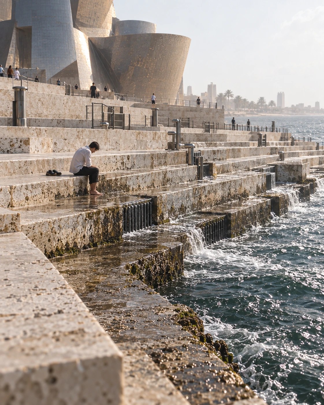 Tidal Room, Guggenheim Abu Dhabi: the first step. El primer peldaño mojado marca el cambio de territorio.