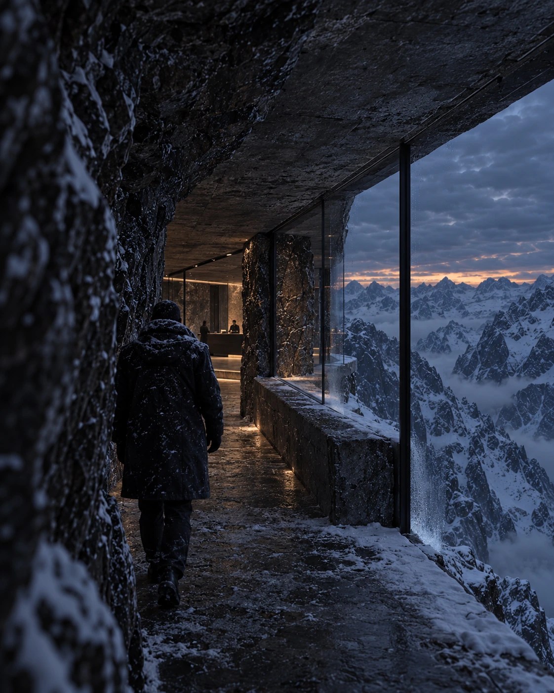 Threshold between rock, snow, and a warm interior at The Inhabited Cliff.