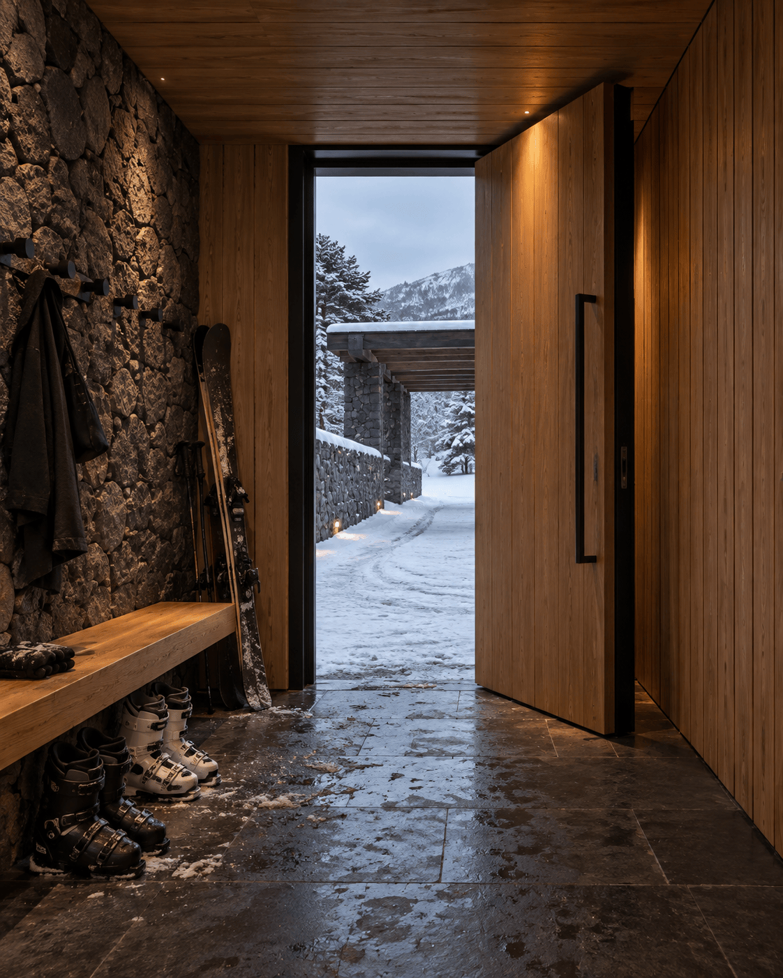 Umbral de piedra y madera que conecta la nieve con el interior cálido