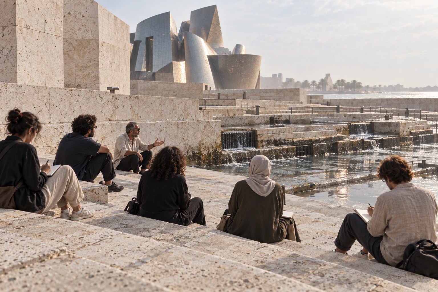 Tidal Room, Guggenheim Abu Dhabi: civic terrace. The plaza remains public even as its section changes.