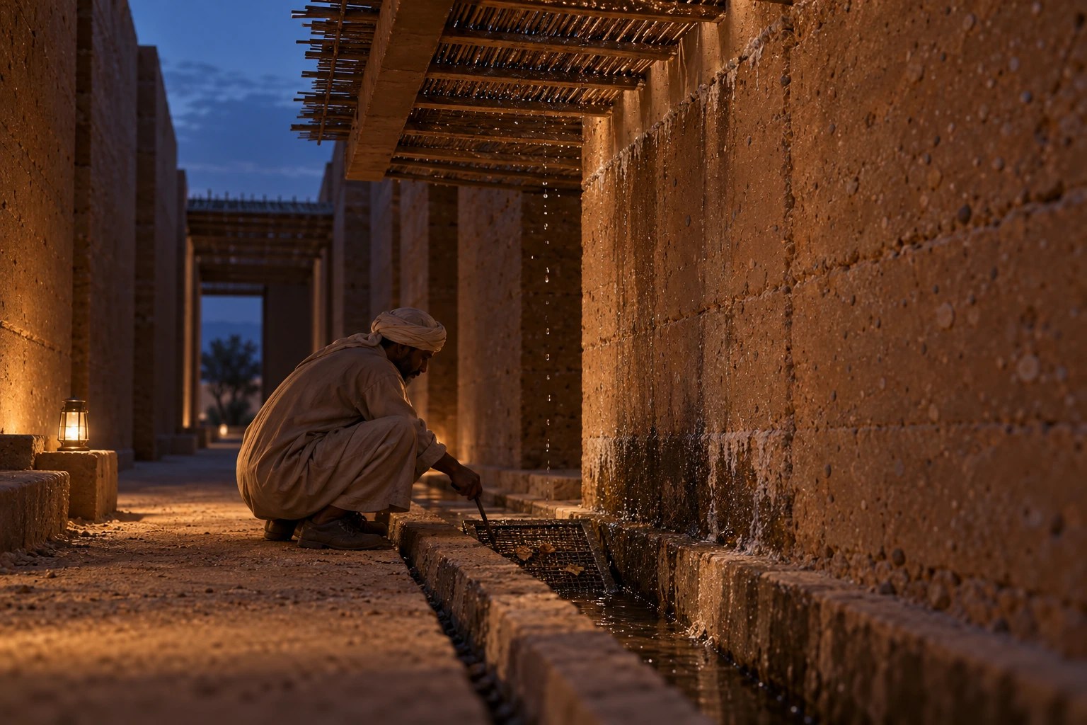 The First Shadow · Great Green Wall: water night. Durante la noche, la cubierta recoge lo que el cielo apenas entrega.