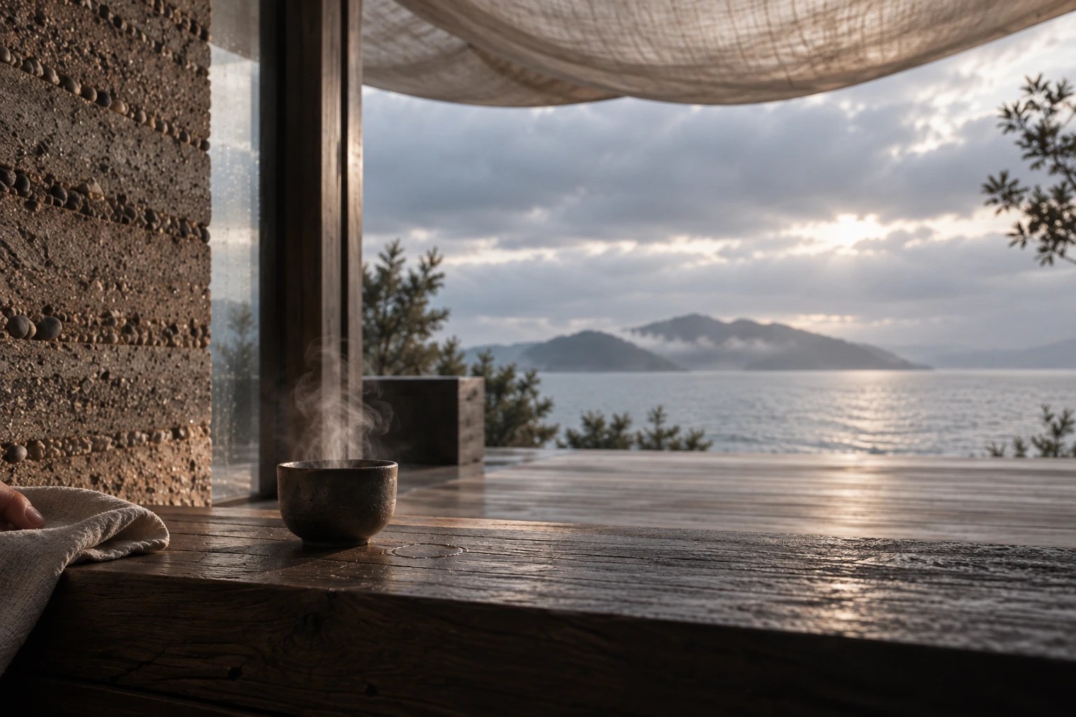 The Breathing House · Setouchi: first cup. Morning begins when the canopy starts to move.
