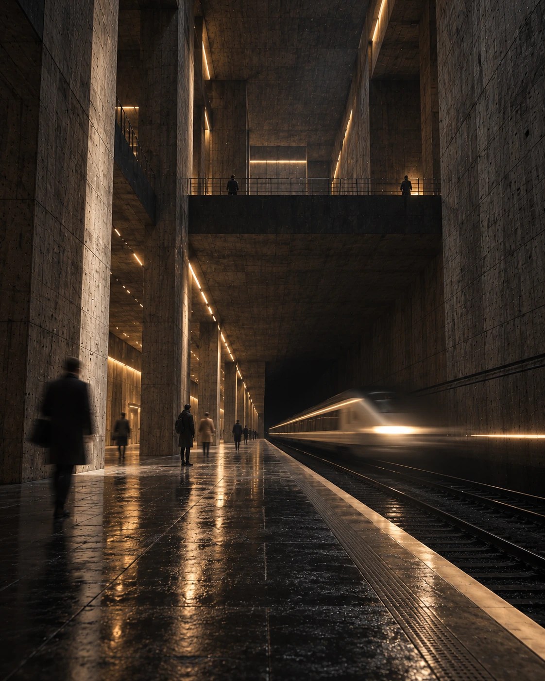 Tren llegando al andén profundo de The Void Station con pasajeros y desenfoque de movimiento.