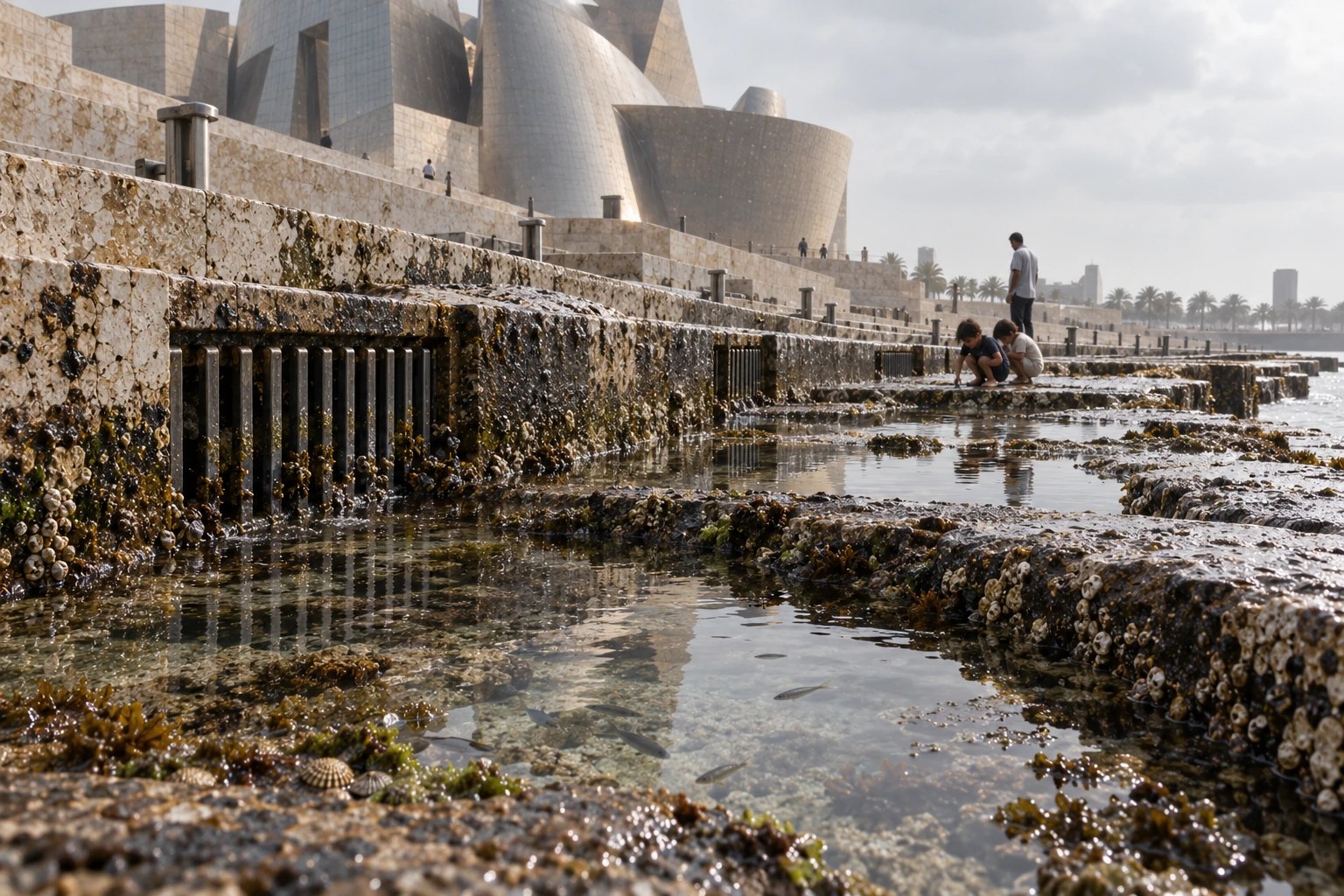 Tidal Room, Guggenheim Abu Dhabi: low water. When the tide falls, other forms of occupation appear.