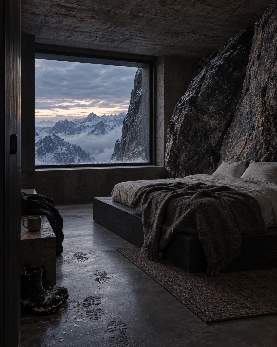 Guest room in Trojena with warm materials and a mountain outlook.