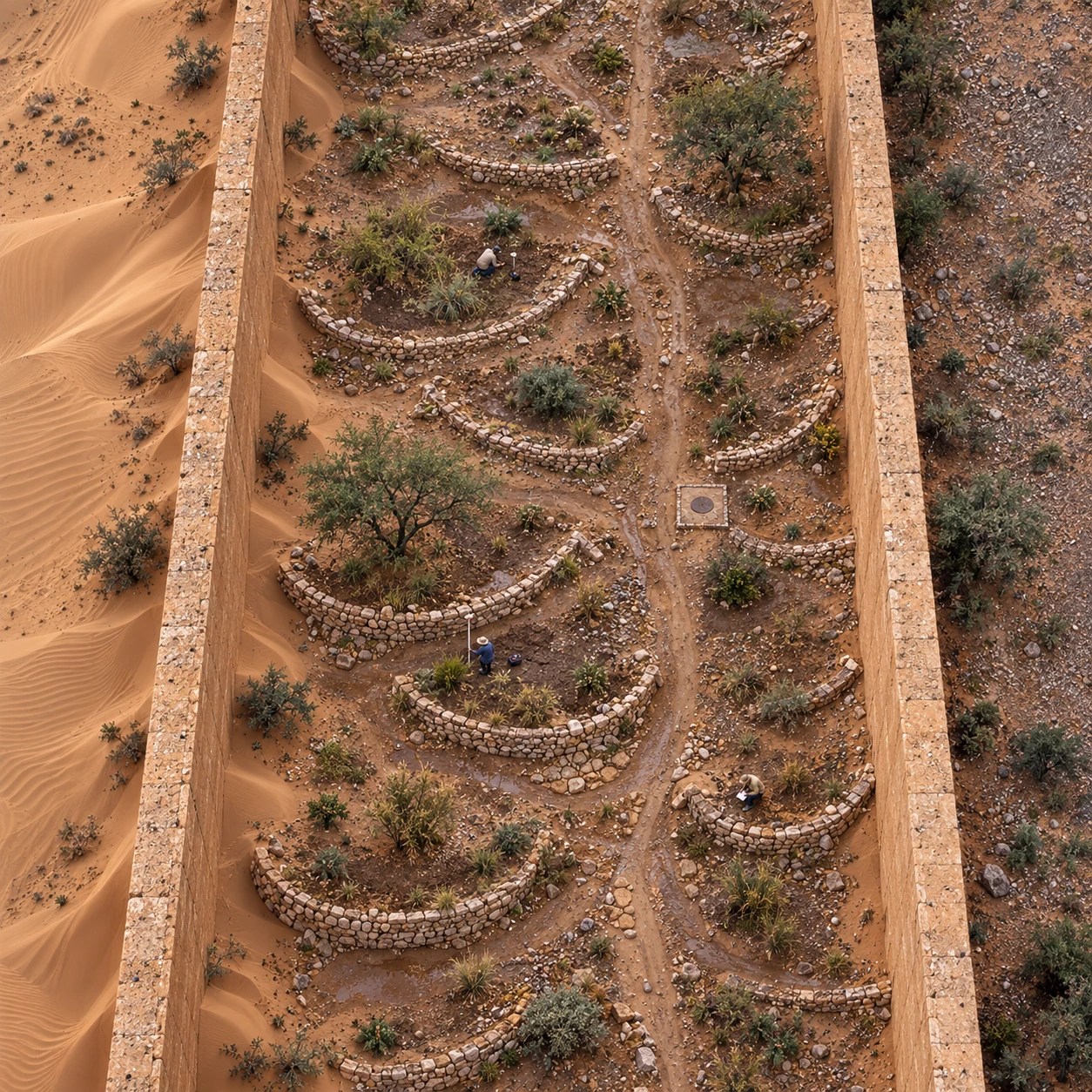 The First Shadow · Great Green Wall: half moons. El agua no se exhibe. Se retiene en el suelo.