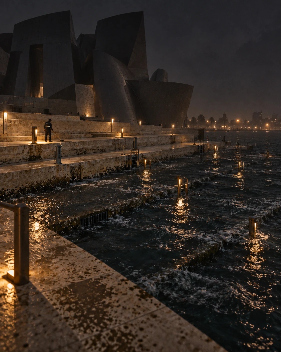Tidal Room, Guggenheim Abu Dhabi: high tide 02 18. A las 02:18, el mar ocupa la mitad del edificio.