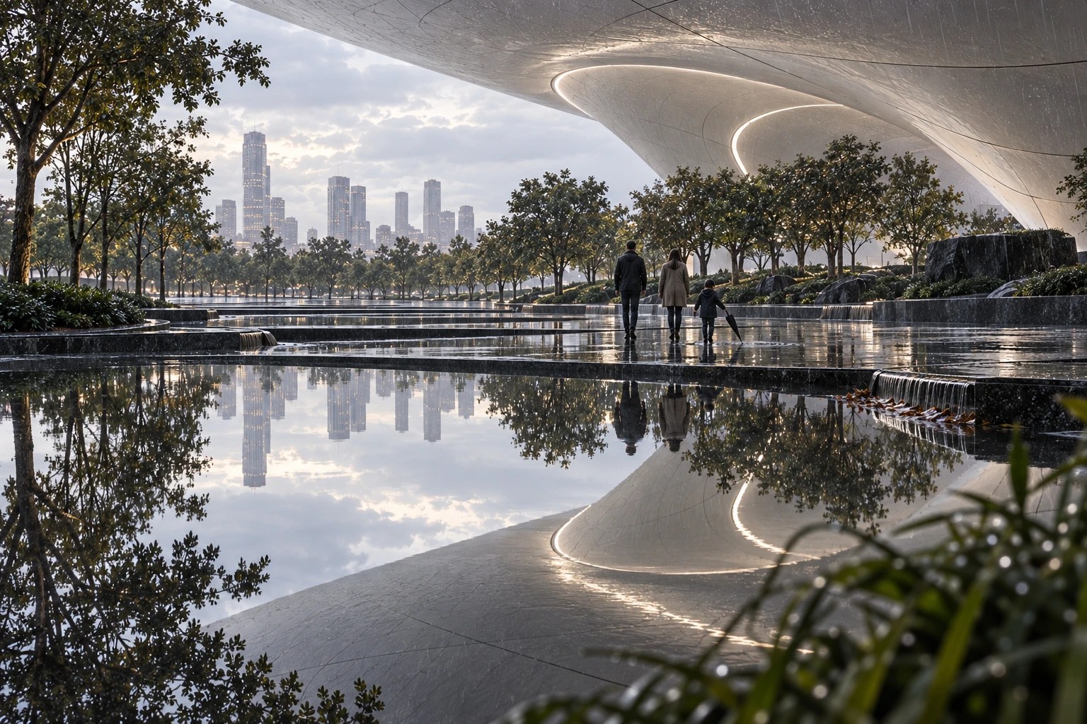 The Urban Cave, Lucas Museum: when the rain stops. Durante unos minutos, el cielo ocupa el suelo.