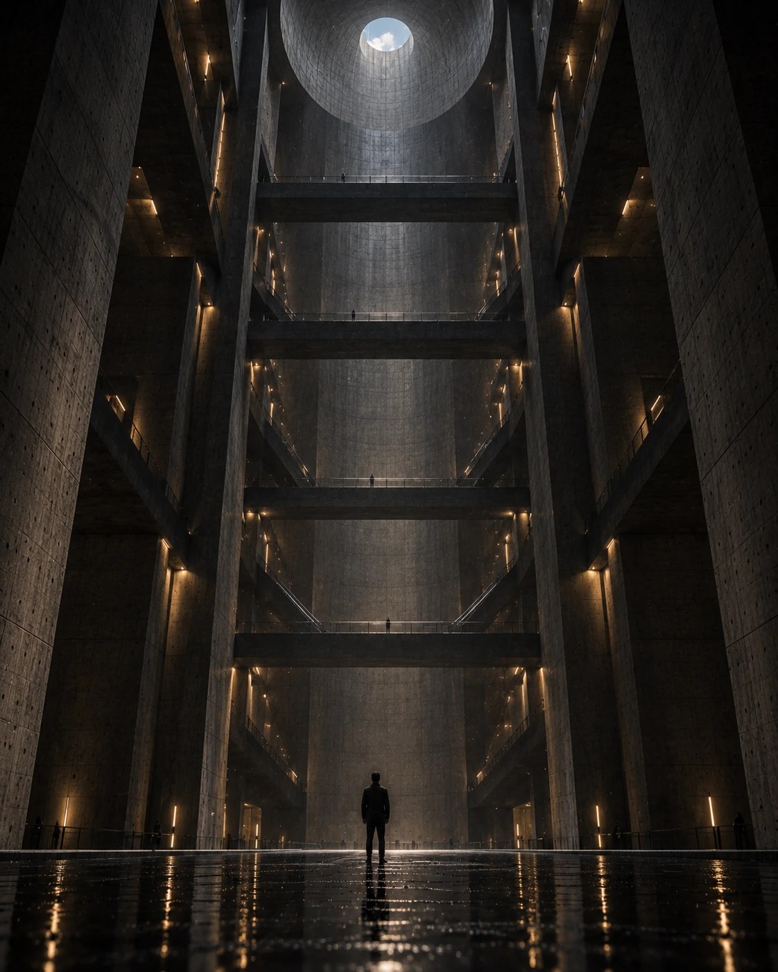 Vista vertical desde el nivel inferior hacia el óculo y los puentes de The Void Station.