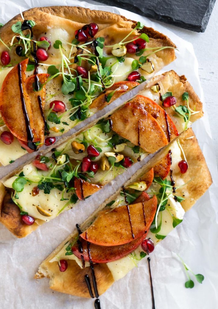 sliced flatbread pizza with balsamic drizzle