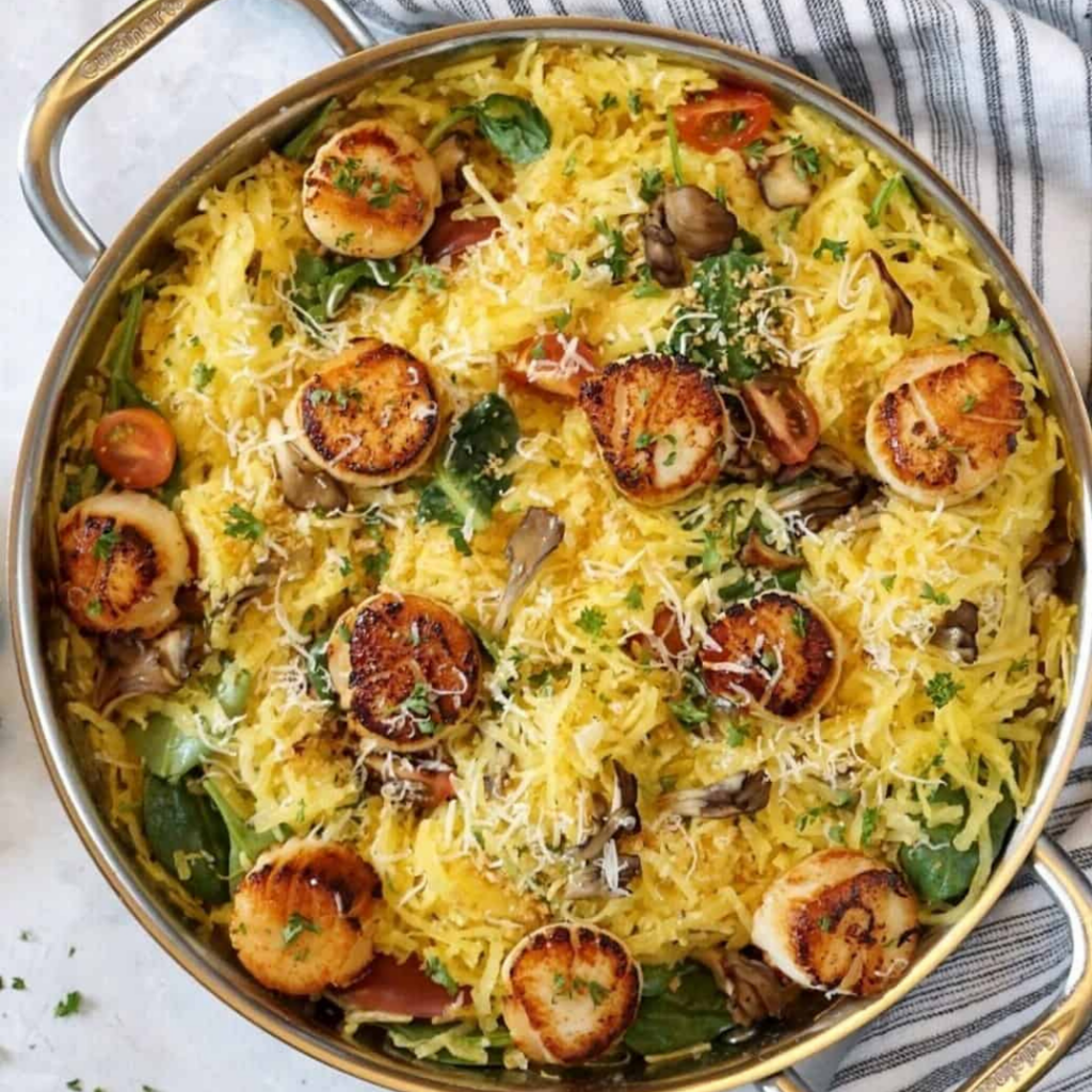 seared scallops over spaghetti squash in a pot