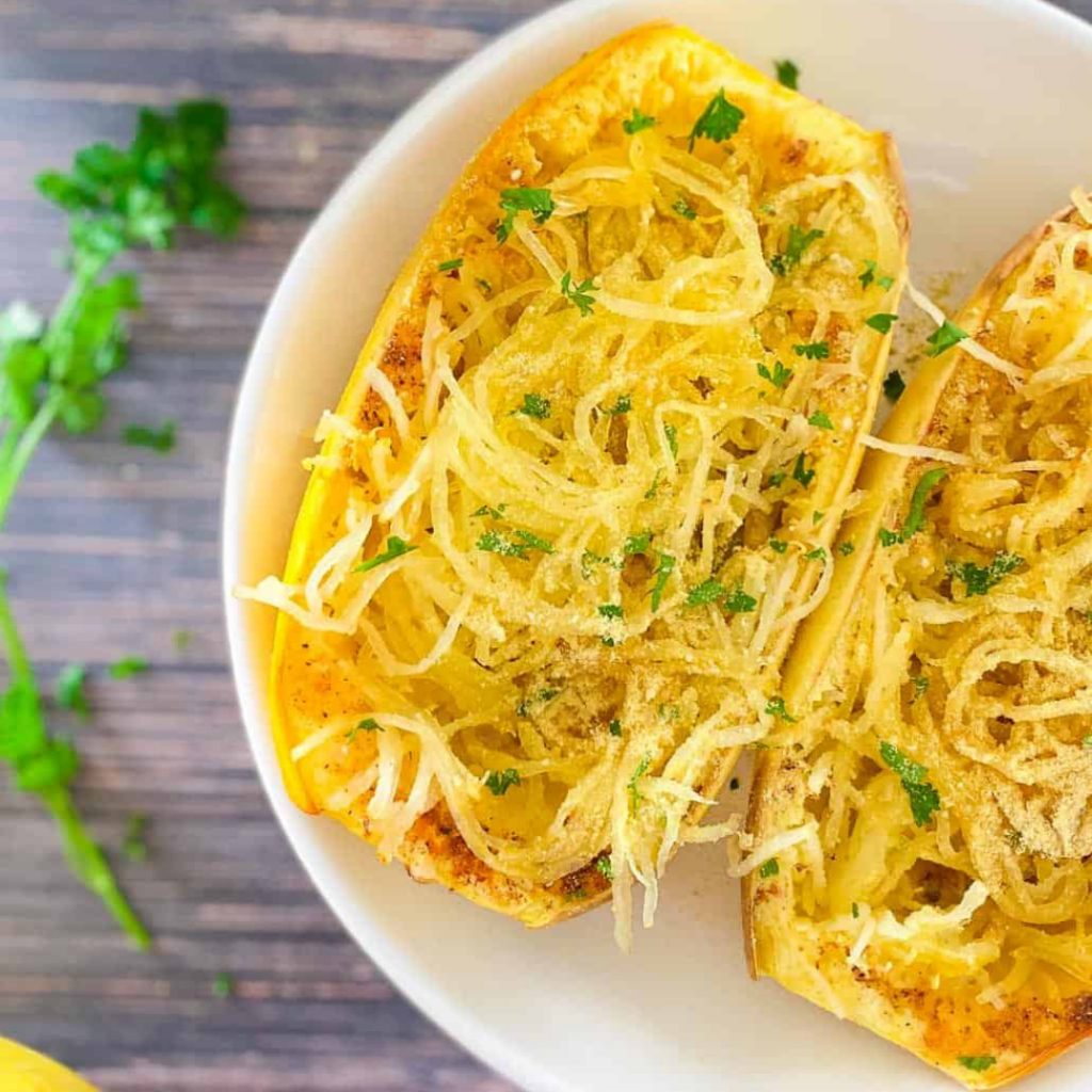 air fryer spaghetti squash in a white bowl