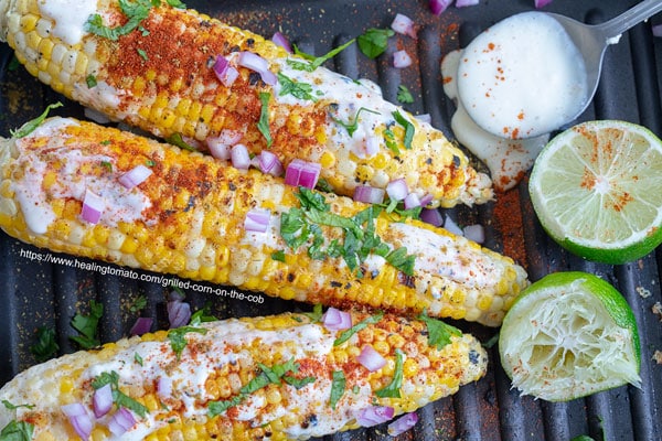 overhead view of Grilled Corn on the Cob on the grill with creamy tofu sauce and chili powder on top