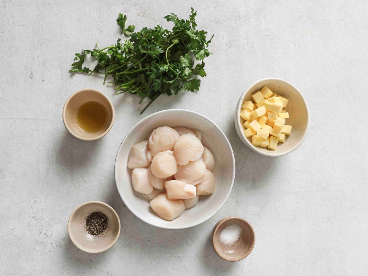 A flat lay of pan-seared scallop recipe ingredients with a white background. 