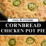 Close-up of a cornbread pot pie topped with cheddar cornbread and sliced jalapeños.