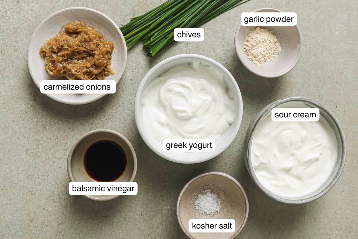 Flat lay of recipe ingredients for French onion dip.