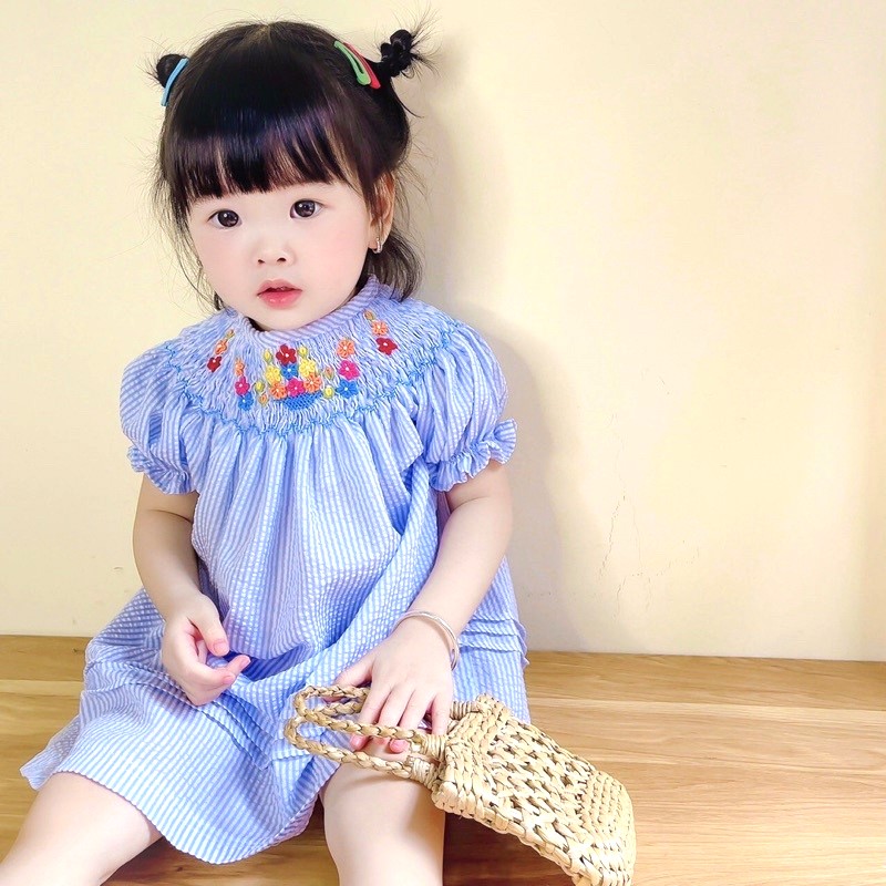 Blue Dress Embroidered With Small Flowers For Girls