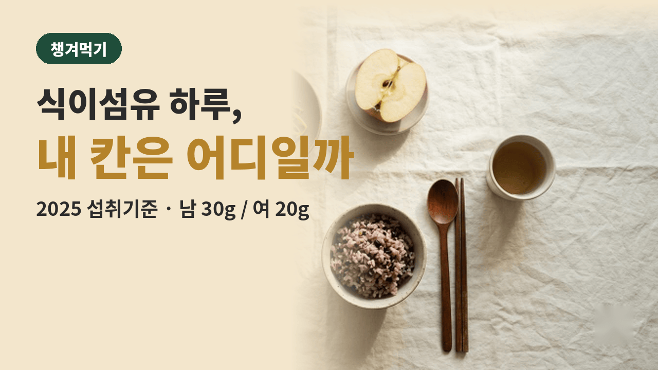 식이섬유 하루 권장량 기준을 떠올리게 하는 잡곡밥, 나물, 사과가 놓인 식탁